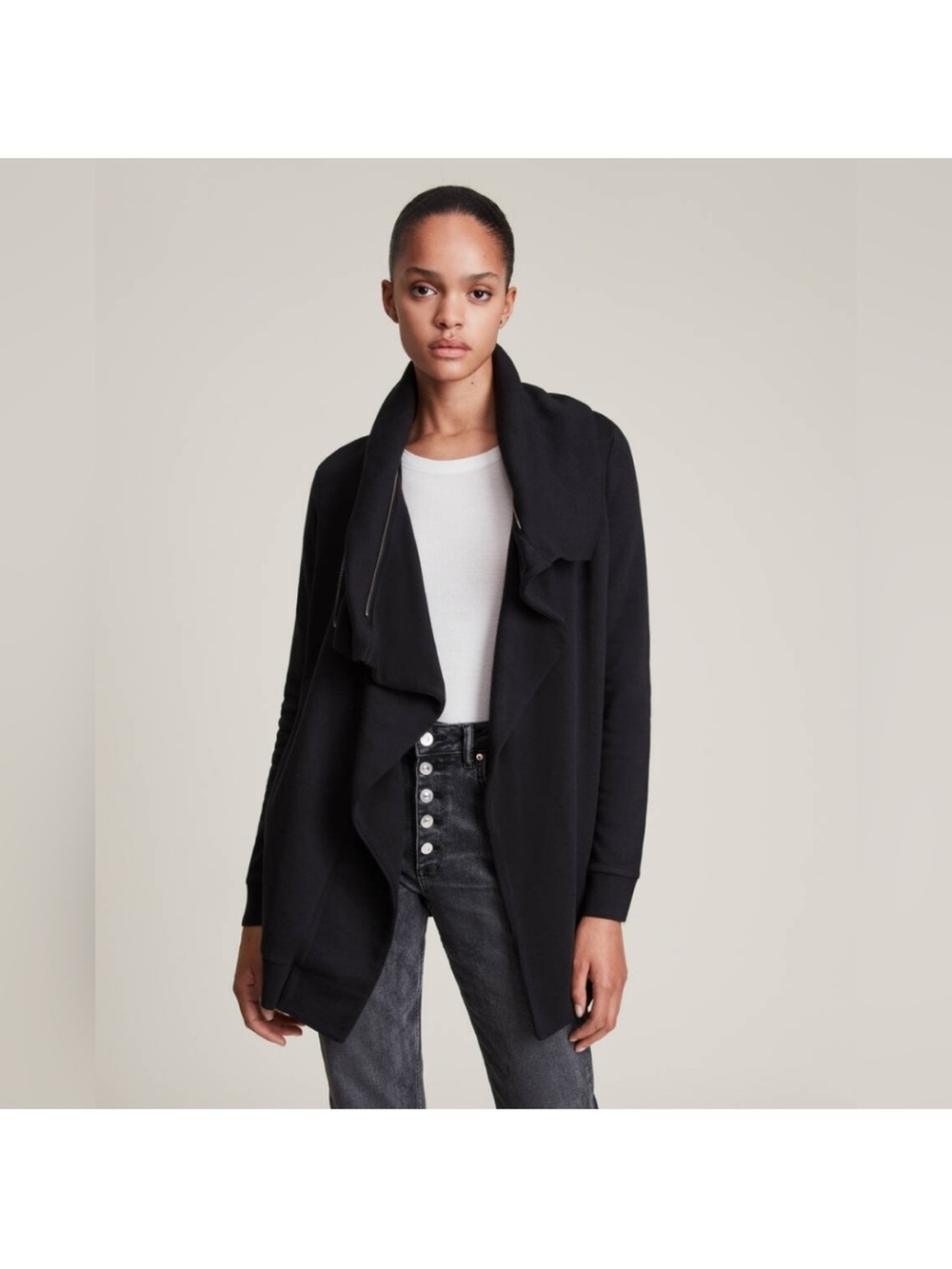 All Saints Dahlia Sweatshirt Black Draped Zip Trim Coat open front waterfall S